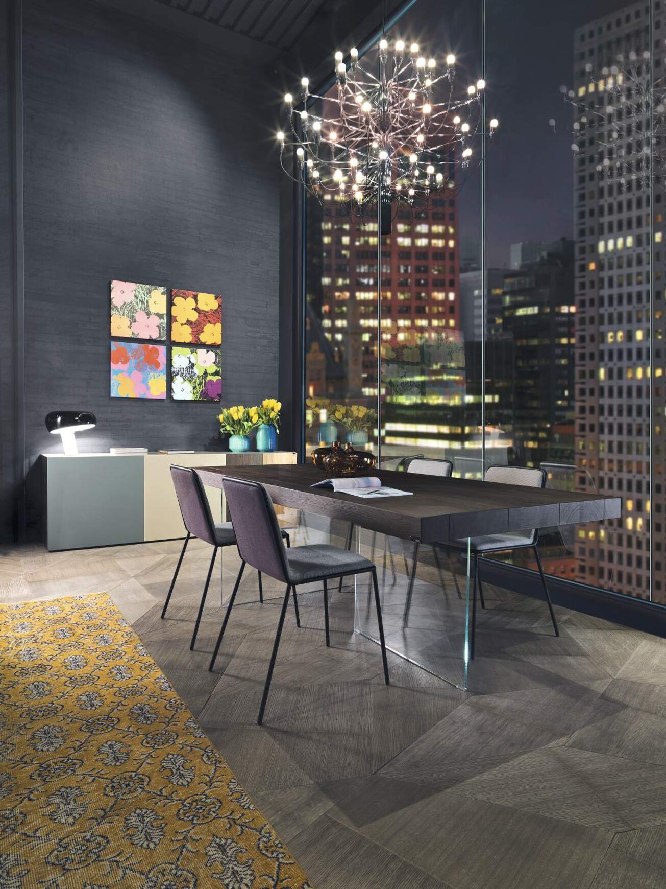 Lago Air table in a dark timber finish with clear glass legs